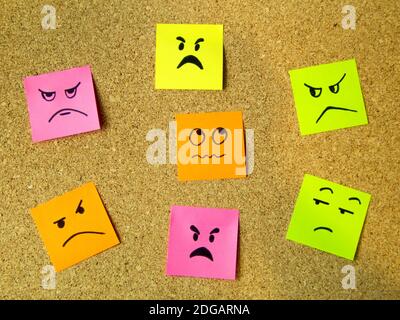 cork board with colorful post its representing various emoticons with various emotions communication concept Stock Photo