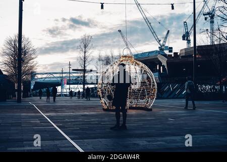 London , UK- December 2020 : Large christmas baubles and decorations in International Quarter London, Queen Elizabeth Olympic Park, Stratford Stock Photo