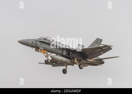 Zaragoza, SPAIN - December 1 2020 - F-A-18A + Hornet two-seater fighter plane belonging to the Zaragoza military base of the Spanish air force Stock Photo