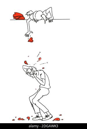 Broken love concept. The girl throws hearts on the guy's head because of resentment. Fun card Stock Photo