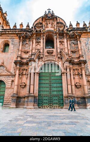 Facade of the ornate Cathedral Basilica of the Assumption of the Virgin in Cusco Stock Photo