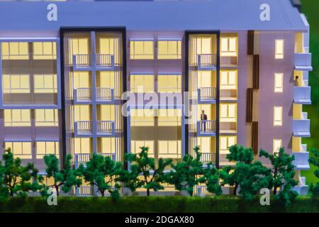 Abstract condominium architectural model of a modern building. Model condominium or hotel, outside view, close up Stock Photo
