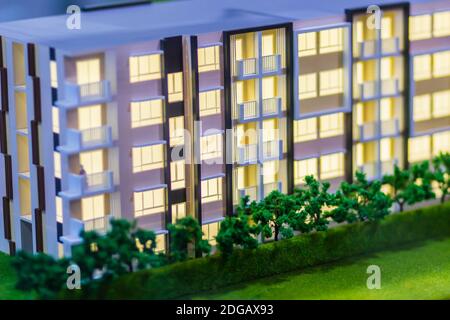 Abstract condominium architectural model of a modern building. Model condominium or hotel, outside view, close up Stock Photo