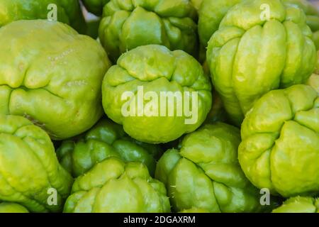 Organic Chayote fruits for sale in the market. Chayote (Sechium edule) is an edible plant that also known as christophine, cho-cho, sayote, pipinola, Stock Photo