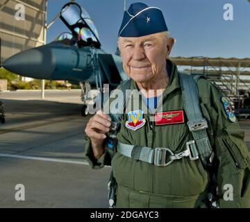 United States Air Force Brig. Gen. Charles E. 'Chuck' Yeager, retired, prepares to board an F-15D Eagle from the 65th Aggressor Squadron Oct. 14, 2012, at Nellis Air Force Base, Nev. In a jet piloted by Capt. David Vincent, 65th AGRS pilot, Yeager is commemorating the 65th anniversary of his historic breaking of the sound barrier flight, Oct. 14, 1947, in the Bell XS-1 rocket research plane named 'Glamorous Glennis.' Yeager was awarded the prestigious Collier Trophy in 1948 for this landmark aeronautical achievement. (Photo by Photo by Master Sgt. Jason W. Edwards/Nellis AFB Public Affairs via Stock Photo