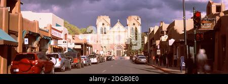 Street leading towards St. Francis Cathedral, Santa Fe, New Mexico, USA Stock Photo