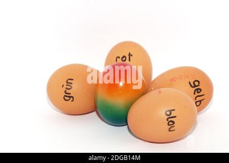 German labeled eggs for easter a colorful in the middle Stock Photo