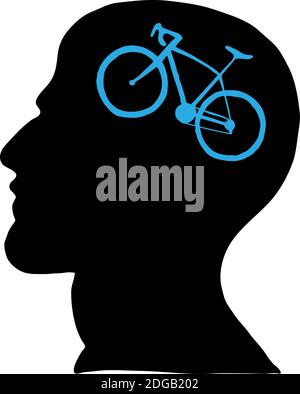 Black silhouette of a face of man with blue bike inside his head isolated on white background. Vector Illustration. Stock Vector