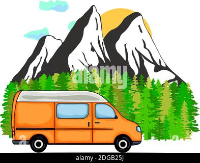 Orange van with forest and mountains in the background. Living van life, camping in the nature, travelling. Illustration. Stock Vector
