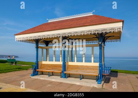 View of traditional shelter on West Cliff Beach, Whitby, North Yorkshire, England, United Kingdom, Europe Stock Photo