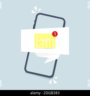 Smartphone with notification icon on screen. Icon new message on mobile phone screen. Mobile notification, email application. Vector illustration in Stock Vector