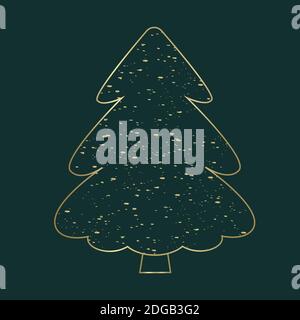 Christmas tree. Gold spruce isolated on green background. Merry Christmas and Happy New Year. Vector illustration of fir or pine. Snow like glitter. Stock Vector