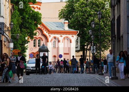 Pedestrians on Pilies Street, Old Town, Vilnius, Lithuania Stock Photo