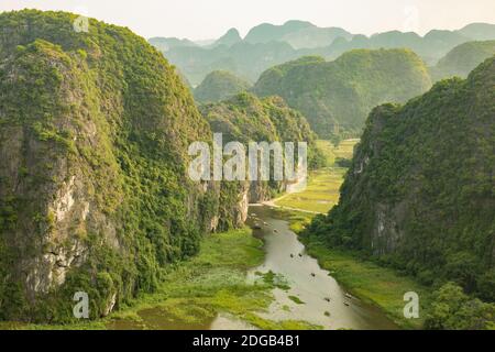 Aerial view from Mua Cave mountain viewpoint of  the Tam Coc area (UNESCO World Heritage Site) in Ninh Binh, Vietnam Stock Photo