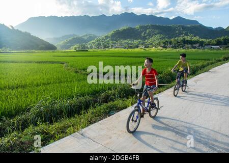 Two kids playing and riding bicycles among rice fields, in the Mai Chau valley, Vietnam Stock Photo