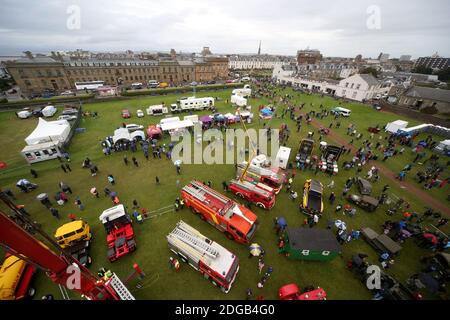 Scottish International Airshow, 03 Sept 2016.  Low Green Ayr, Ayrshire, Scotland, UK; High level photographs of showground from above during rain. Stock Photo