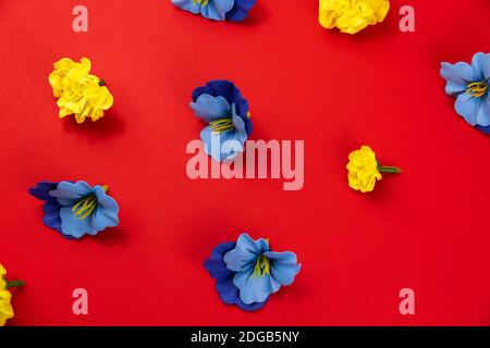 Flat design photo on red background with place for text, decorative flowers, blank notepad, top view, beautiful composition Stock Photo