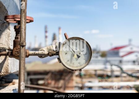 Properly working pressure gauge installed on the pipeline at the old ...