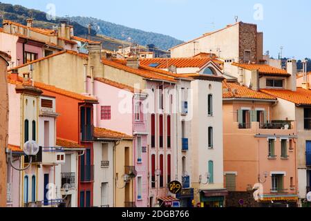 Low angle view of buildings in a town, Collioure, Vermillion Coast, Pyrennes-Orientales, Languedoc-Roussillon, France Stock Photo