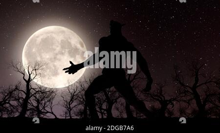 Illustration of a werewolf during the full moon in the creepy forest - 3d rendering Stock Photo