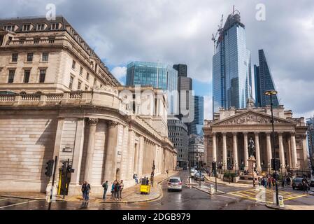 London, England - May 12, 2019: The Bank of England and the Royal Exchange, the City of London's historic banking and trading he Stock Photo