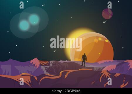 Man stands on the planet and looks at stars.  Stock Vector