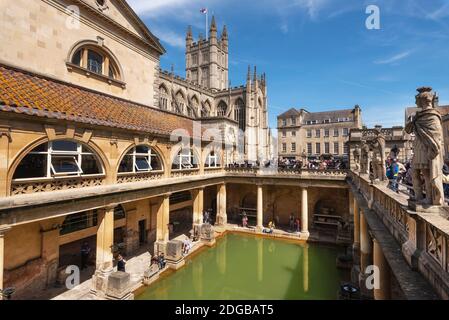 Bath, England - May 13, 2019 : inside of Roman Baths which is a site of historical interest in the city of Bath. The landmark is