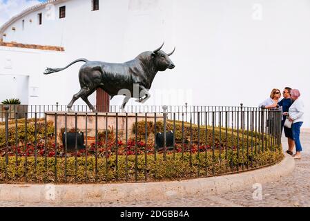 Sculpture, bull figure at the Plaza de Toros de Ronda, in front of the bullring. Ronda, Málaga, Andalucia, Spain, Europe Stock Photo