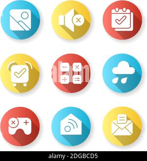 Smartphone interface flat design long shadow glyph icons set Stock Vector
