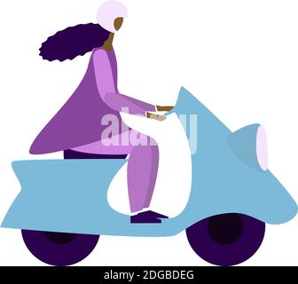 Woman in helmet riding a scooter. Isolated vector illustration on white background. Flat style. Stock Vector