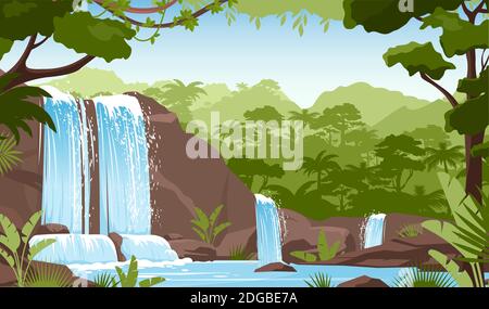 Waterfall in green jungle rainforest, fresh greenery Stock Vector