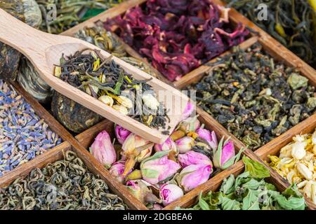 Assorted herbal tea in wooden box - (manual focus) Stock Photo