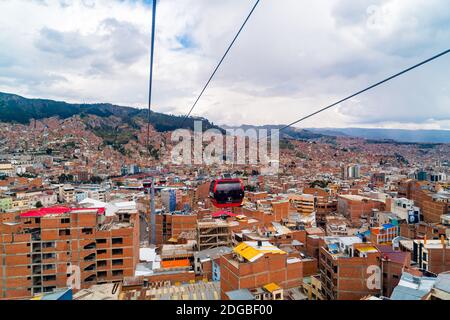 Aerial view of La Paz and Mi Teleferico cable cars carry passengers between the City of El Alto and Stock Photo