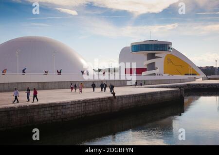 Reflection of a building on water, The Oscar Niemeyer International Cultural Centre, Aviles, Asturias Province, Spain Stock Photo