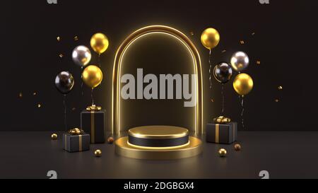 3d rendering of luxury podium with balloons on black background Stock Photo