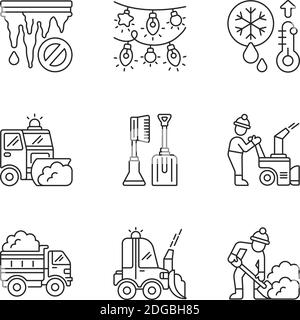 Winter city services linear icons set Stock Vector
