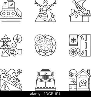 Winter city services linear icons set Stock Vector