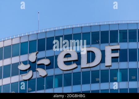 Puteaux, France - November 12, 2020: Exterior view of the top of the EDF (Electricité de France) building in Paris-La Defense Stock Photo