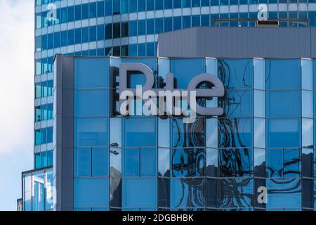 Puteaux, France - November 12, 2020: Logo of RTE (Réseau de Transport d'Electricité), on top of the Window building in Paris La Défense Stock Photo