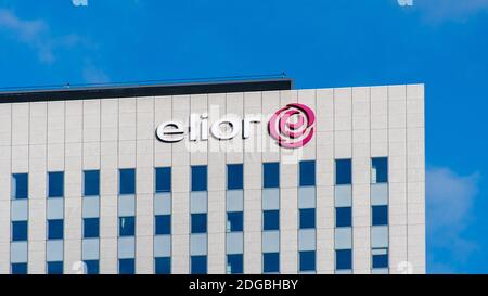 Courbevoie, France - November 12, 2020: Exterior view of the Elior logo, at the top of the Egée tower, head office of Elior Group in Paris-La Défense Stock Photo