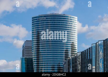 Puteaux, France - November 12, 2020: Exterior view of the EDF (Electricité de France) tower in Paris-La Defense Stock Photo