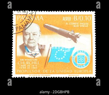 Cancelled postage stamp printed by Panama, that shows Winston Churchill and rocket Blue streak, circa 1966. Stock Photo