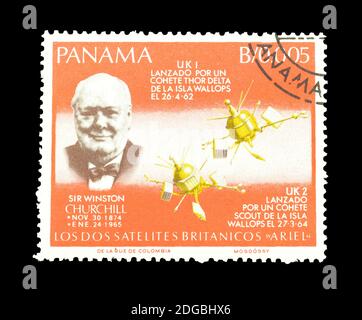 Cancelled postage stamp printed by Panama, that shows Winston Churchill and British Satellites, circa 1966. Stock Photo