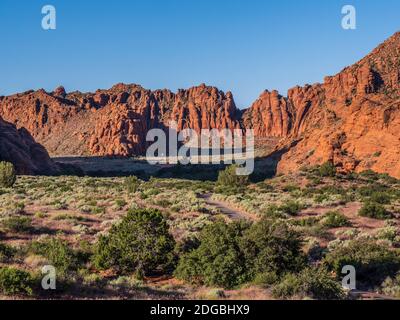 Looking down the canyon from the Whiptail Trail near the campground, Snow Canyon State Park, Saint George, Utah. Stock Photo