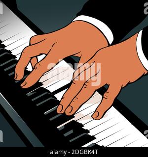 Male hands play piano keys. Close view. The composer performs classical music. Vector illustration in retro pop art style. Stock Vector