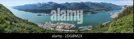 Elevated view of harbor with Mount Roberts in the background, Juneau, Southeast Alaska, Alaska, USA Stock Photo