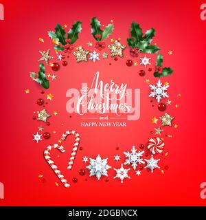 Festive wreath with holly and snowflakes Stock Vector