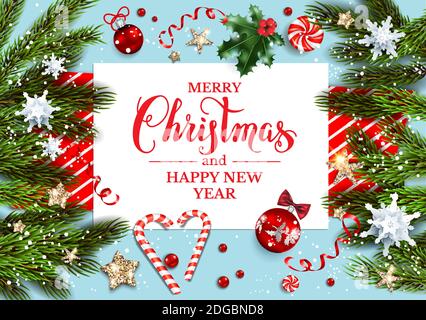 Festive template with tree branches and festive decorations Stock Vector