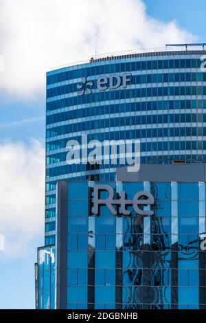 Puteaux, France - November 12, 2020: Exterior view of the RTE (Réseau de Transport d'électricité) and the EDF (Electricité de France) buildings Stock Photo