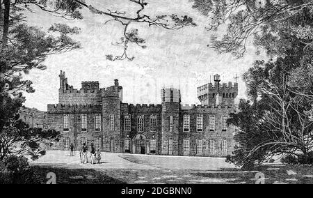 A late 19th Century view of Knowsley Hall, a stately home near Liverpool, Merseyside, England and ancestral home of the Stanley family, the Earls of Derby. Thomas Stanley was rewarded with the title of Earl Derby in 1485 by Henry VII as a reward for his support at the Battle of Bosworth Field which led to Henry gaining the crown. Ten years later, the King stayed at Knowsley, which was still a hunting In 1702 the 10th Earl developed the lodge into a large house with Gothic castellated walls. Stock Photo